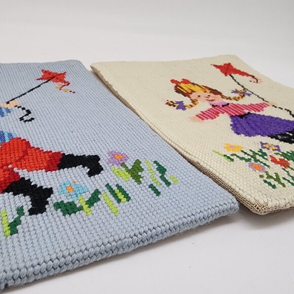 Vintage Finished Needlepoint Wall Hanging Boy & Girl Flying Kites In Flower Gard - Picture 5 of 8
